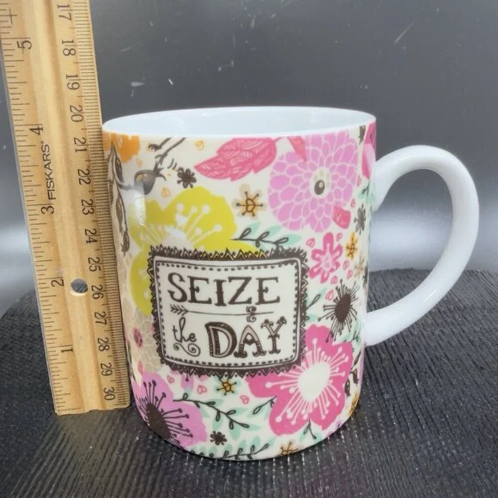 C R Gibson Seize The Day Ceramic Coffee Mug Cup Stoneware Floral Pattern Mug Cup